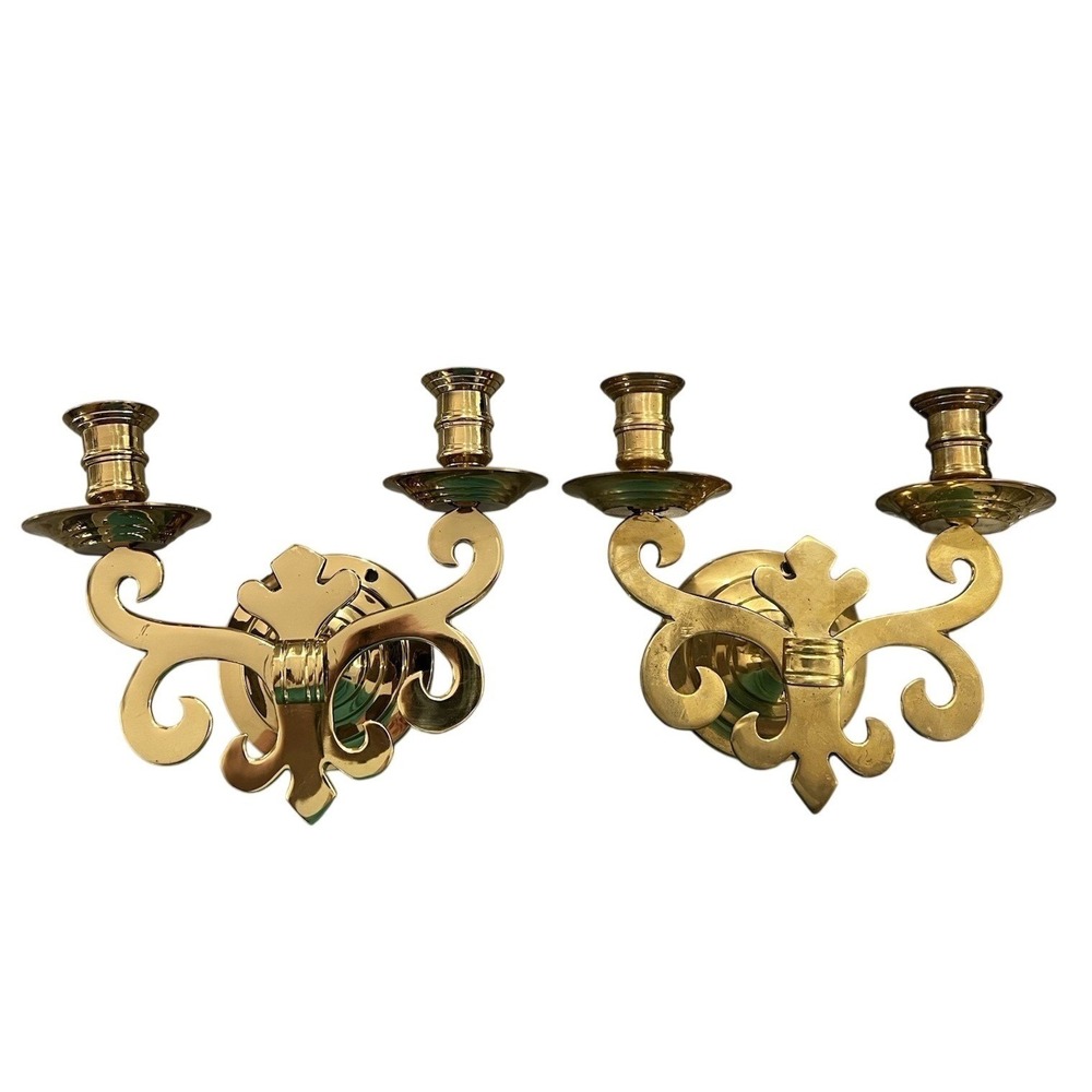 Vintage Solid Brass Fleur De Lis Wall Sconce Candle Holders Pair Gold Double Arm